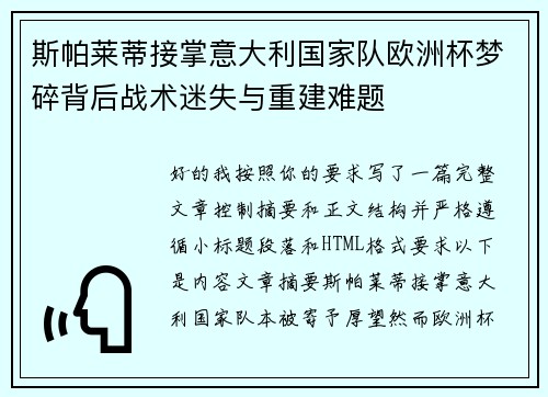 斯帕莱蒂接掌意大利国家队欧洲杯梦碎背后战术迷失与重建难题